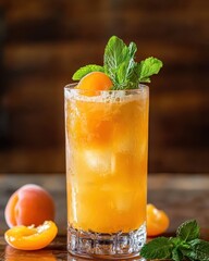 A refreshing drink garnished with mint and apricots in a tall glass.