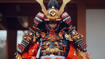 Close-up of a Traditional Japanese Samurai Armor with Gold Accents.