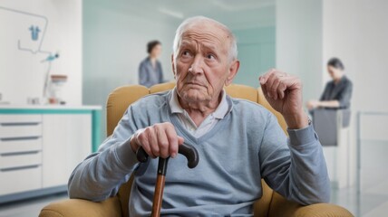 Obraz premium Elderly Man with Cane in a Medical Facility