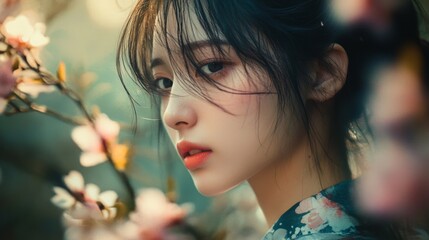 Naklejka premium Enigmatic Beauty Amidst Blossoms, a serene moment captured with soft light highlighting delicate features framed by blooming cherry blossoms, evoking tranquility and grace.