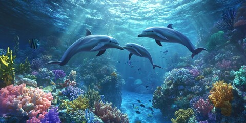 Obraz premium Three dolphins swim through a vibrant coral reef.