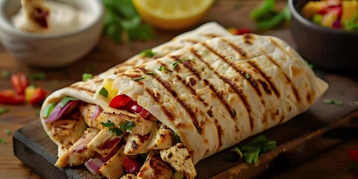 Grilled chicken wrap on wooden board for food photography.