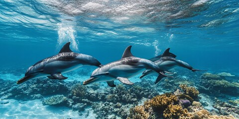 Obraz premium Three dolphins swim over a colorful coral reef in the clear blue water.