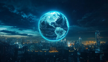 Holographic globe above cityscape at night, symbolizing global connectivity and digital worlds.