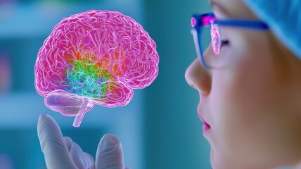 Child exploring brain model with colorful neural pathways in laboratory setting.