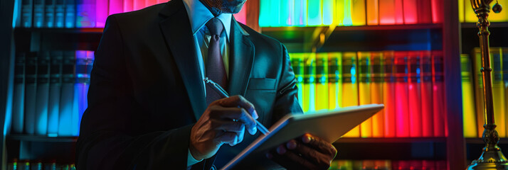 An attorney with a business-like demeanor, using a digital tablet to annotate digital contract documents