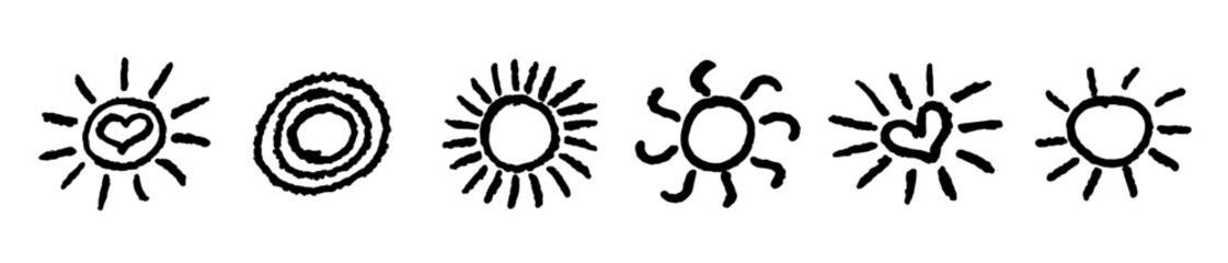 Set of fun like kid drawing black sun. Collection painted with pastel crayons or wax pencil sunny icons. Summer sky symbols. Rough chalk texture vector illustration in children style. Design elements.
