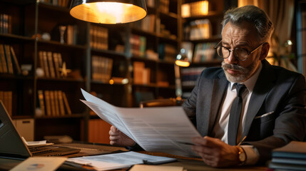Fototapeta premium A lawyer in a modern office, meticulously reviewing business contracts, surrounded by legal processing books and financial documents.