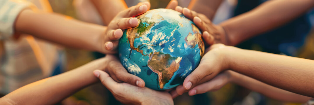 multiple hands from different ethnic backgrounds holding a globe, illustrating the unity in protecting our planet.