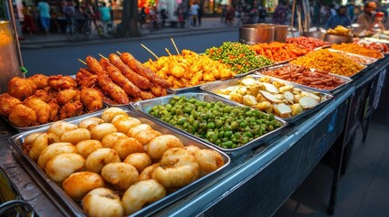 Fototapeta premium Food stalls offering exotic vegetarian options at a street festival, filled with people