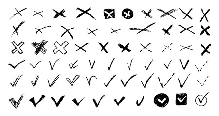 Set of ticks and crosses for to do list or vote. Vector elements for yes or no answering test questions. Back charcoal pencil correct or incorrect symbols. Doodle check marks and crosses collection
