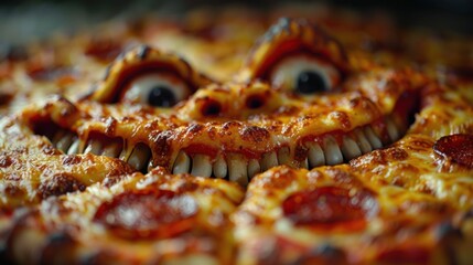 A cheesy Halloween pizza with a spooky monster face made of pepperoni and mozzarella. A fun and scary food idea for Halloween parties or spooky celebrations.