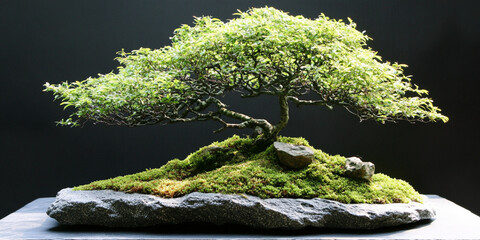 Artistic Bonsai Tree with Moss on Stone