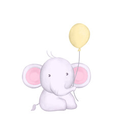 cute baby elephant sitting and holding a yellow balloon