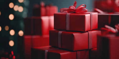 Stacked Red Gift Boxes with Ribbons