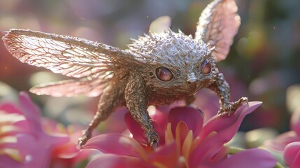 Obraz premium Enchanting Hedgehog Butterfly Hybrid Creature on Vibrant Flower with Detailed Wings - 3D Concept Art