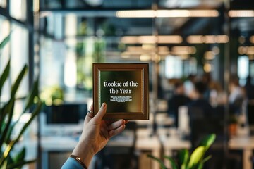 A person holding up a "Rookie of the Year" plaque with pride, with a background of a busy, modern office.