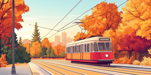 Vintage Tram in Autumn Forest