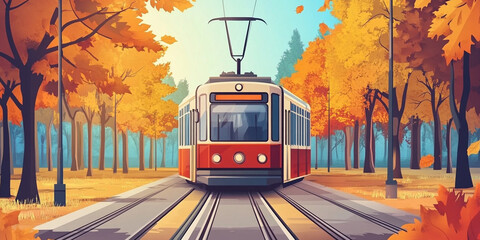 Vintage Tram in Autumn Forest