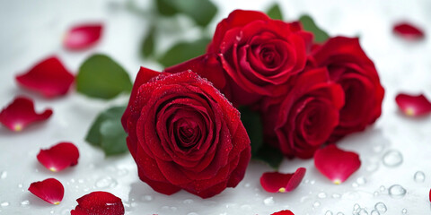 Fresh Red Roses with Dew Drops