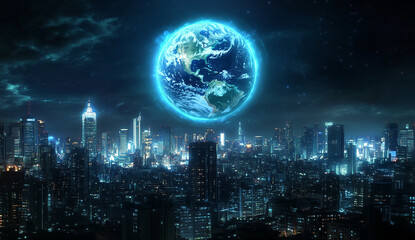 Holographic globe hovering over cityscape at night, representing global connectivity.