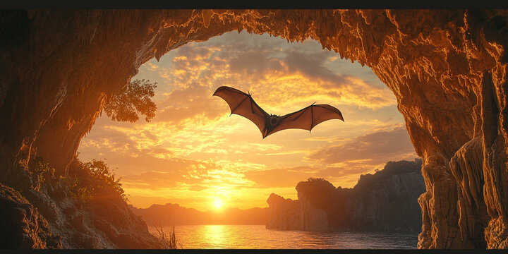  Bat Flying in Sunset from a Cave