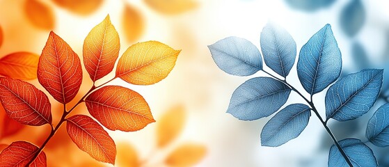 Close-up of delicate leaves with intricate veins, transitioning from warm orange to cool blue, representing the changing seasons.