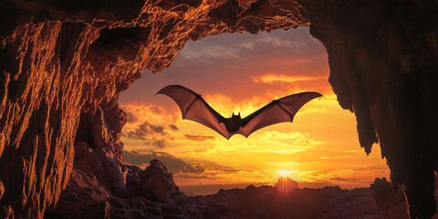  Bat Flying in Sunset from a Cave