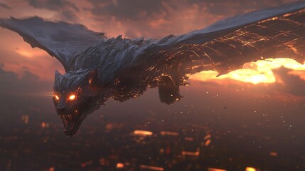 Majestic Lion-Bat Hybrid Creature Soaring in Twilight Sky with Glowing Eyes - 3D Concept Art