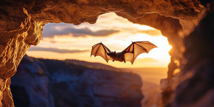  Bat Flying in Sunset from a Cave