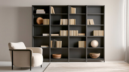 Fototapeta premium Contemporary living room featuring black bookshelves, minimalist decor, and a cozy armchair, exuding a calm and sophisticated ambiance.