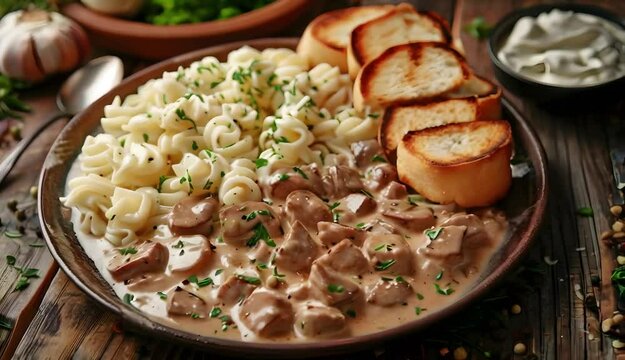 Plate of stroganoff on wooden table for gourmet meal.