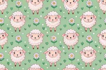 Fototapeta premium Whimsical sheep illustrated on a pink pastel backdrop, complemented by white blooms and vibrant green kawaii hearts,
