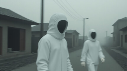 Fototapeta premium Faceless figures in white clothes against the background of abandoned buildings in a post-apocalyptic world