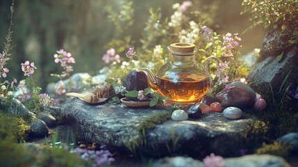 3D Herbal Tea with Honey and Healing Herbs in Nature