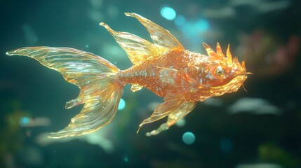 Majestic 3D Hybrid Creature: Dragon with Goldfish Fins Gliding in Underwater Paradise - Cinematic Quality Concept Art