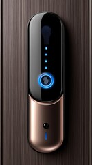 Sleek modern smart lock with glossy black finish on natural wood door