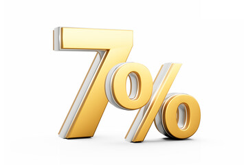Shiny Golden 7% Seven Percent Sign With Sleek Metallic Gleam On White Background 3D Illustration