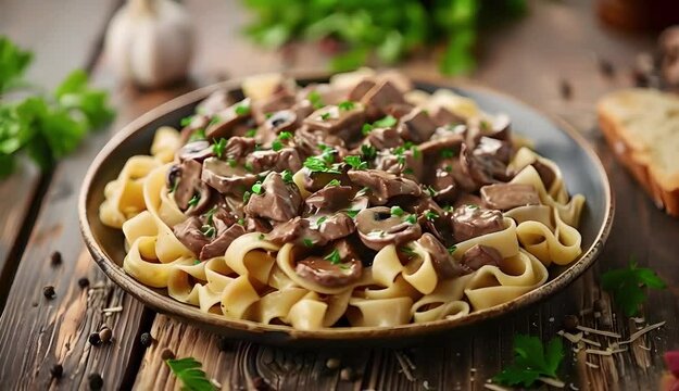 Plate of stroganoff on wooden table for gourmet meal.
