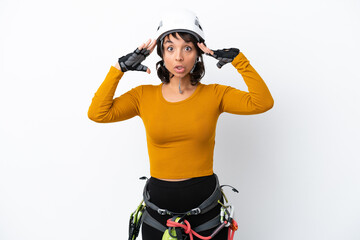 Young woman rock-climber woman isolated on white background with surprise expression