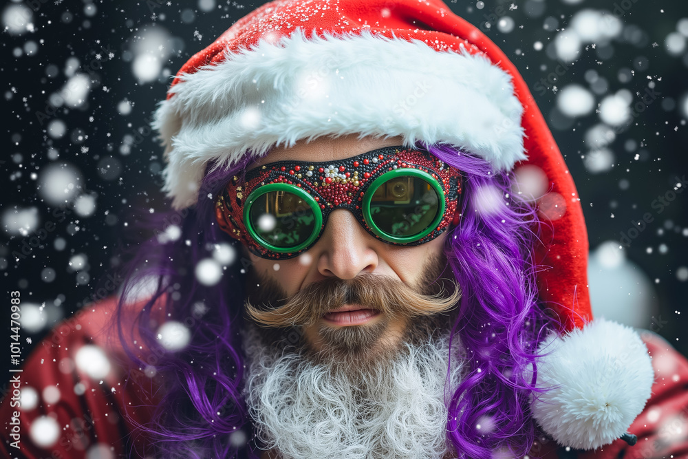 Canvas Prints A man with purple hair and a beard wearing a santa hat and sunglasses