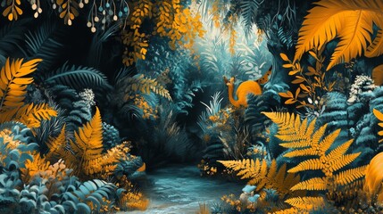 Enchanted Forest Scene with Vibrant Foliage and Light