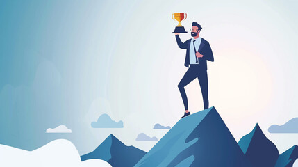 A man is standing on top of a mountain holding a trophy. Concept of accomplishment and triumph