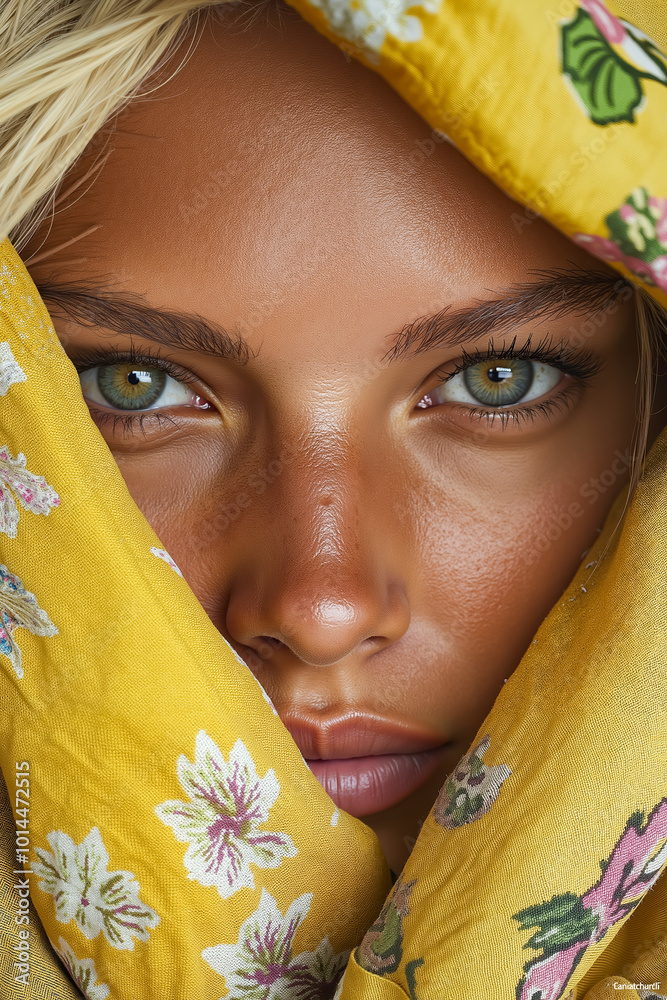 Poster A woman with blue eyes peeking out from behind a yellow scarf