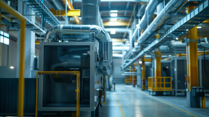 Industrial air purification unit with visible airflow and filtration, set in a busy manufacturing space