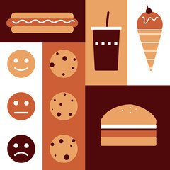 fast food set in flat art illustration style. Cute and warm tone color art.