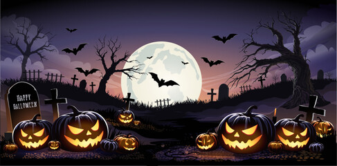 Happy Halloween Text Banner. Halloween haunted old house and cemetery silhouette landscape. Happy Halloween scary background or banner,creepy vector backdrop with fool moon and flying bats.
