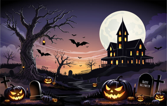 Happy Halloween Text Banner. Halloween haunted old house and cemetery silhouette landscape. Happy Halloween scary background or banner,creepy vector backdrop with fool moon and flying bats.