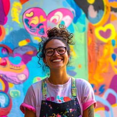 Obraz premium a cheerful street artist in front of a colorful mural.