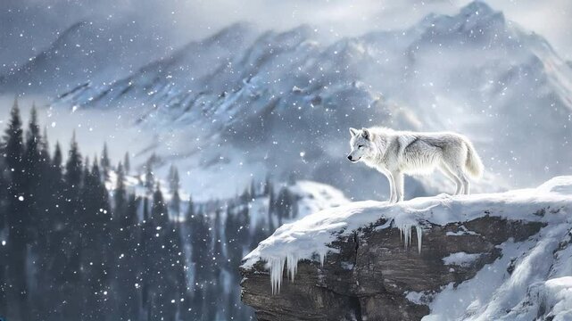A lone Arctic wolf stands on a snow-covered cliff, overlooking a majestic mountain range during a snowfall, creating a striking winter wonderland scene. Video made using Generative AI.